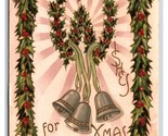Best Wishes For Christmas Bells Starburst Holly Embossed Unused DB Postc... - £5.39 GBP