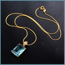 Aqua Blue Rectangle Emerald Cut Gem Stone Pendant 18K Gold Plated Chain Necklace image 1
