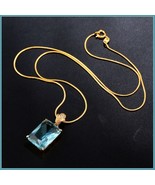 Aqua Blue Rectangle Emerald Cut Gem Stone Pendant 18K Gold Plated Chain ... - £47.91 GBP
