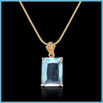 Aqua Blue Rectangle Emerald Cut Gem Stone Pendant 18K Gold Plated Chain Necklace image 3