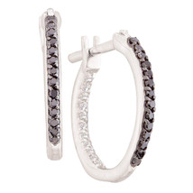 14k White Gold Round Black Color Enhanced Diamond Inside Outside Hoop Earrings - £255.40 GBP