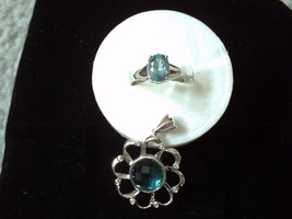 Special Auction Set Of 925 Sterling Silver Topaz Stone Pendant &amp; Aquamarine Ring - £64.65 GBP
