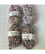 Lot Of 4 Festival Mix Fiber Skeins Of Yarn Brown Red Green Blu As Pictured - $11.88