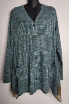 LOGO Lori Goldstein Tunic Shirt Womens Medium Green Striped Button Down Pockets - £19.57 GBP