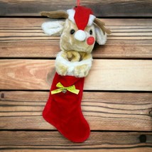 VTG Christmas Stocking 19” Rudolph Red-Nosed Reindeer Head Plush Santa Hat Bell - £9.49 GBP