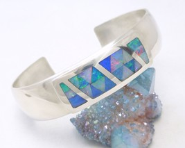 Sterling Silver Opal Gemstone Inlay Cuff Bracelet Mosaic Blue Green Jay King  - £127.09 GBP