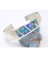 Sterling Silver Opal Gemstone Inlay Cuff Bracelet Mosaic Blue Green Jay King  - £126.00 GBP