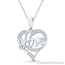 Heart &amp; Cursive &quot;Love&quot; Script Charm CZ Crystal Pave .925 Sterling Silver Pendant - £12.29 GBP+