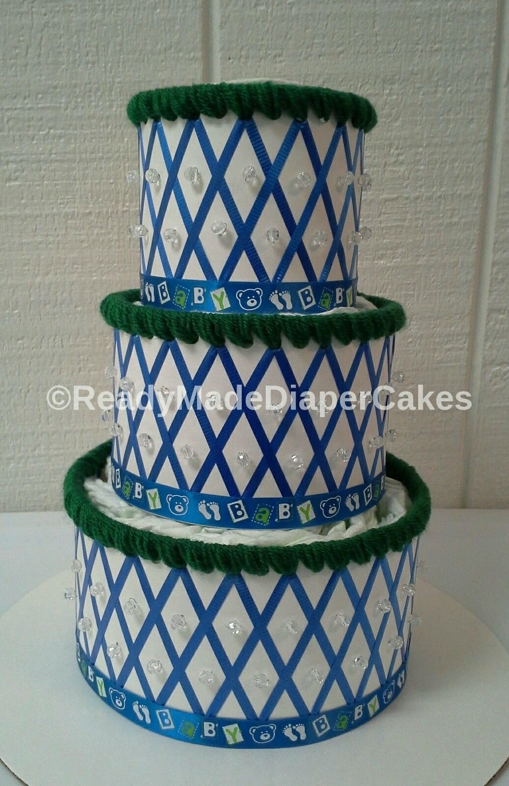 Its A Boy Blue and Green Themed Baby Shower 3 Tier Diaper Cake Centerpiece Gift