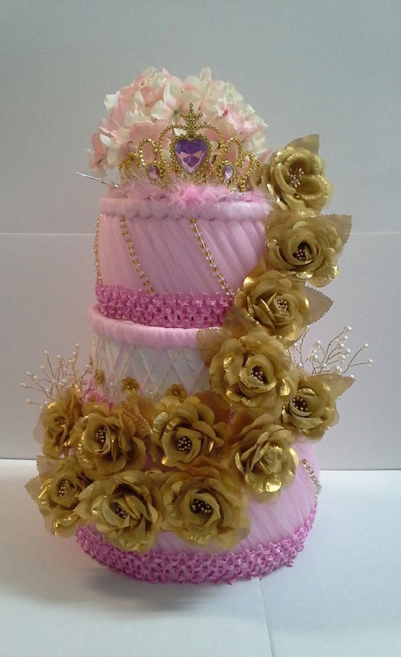 Elegant Gold and Pink Themed Baby Shower Floral Decor 3 Tier Diaper Cake Gift - £66.70 GBP