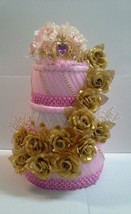 Elegant Gold and Pink Themed Baby Shower Floral Decor 3 Tier Diaper Cake... - £58.83 GBP