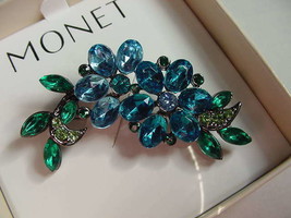 VINTAGE MONET PIN BLUE GREEN STONES ORIGINAL BOX - £43.96 GBP