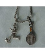 VINTAGE STERLING SILVER CHAIN NECKLACE &amp; 2 .925 CHARMS SOCCER PLAYER TENNIS - £34.07 GBP