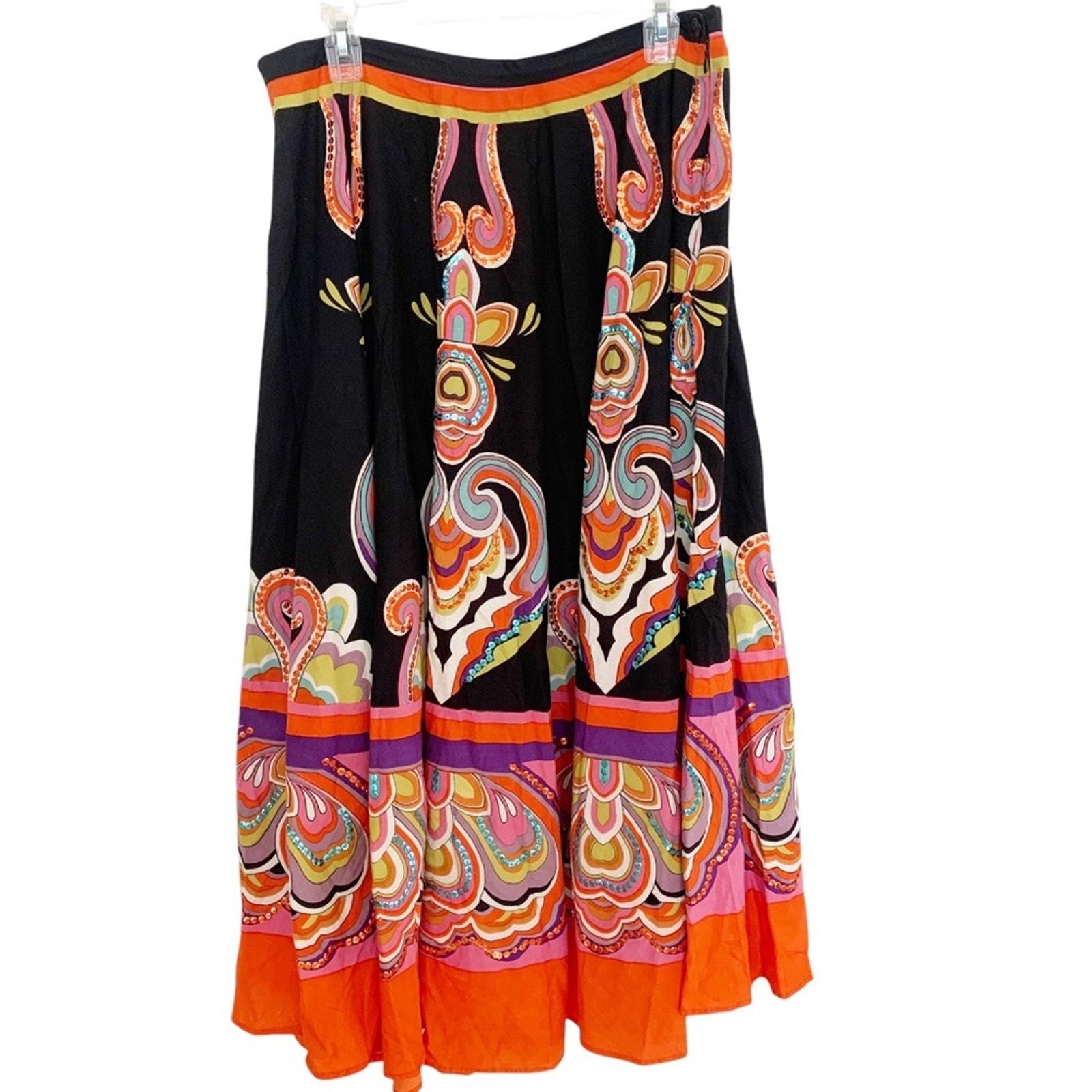 Kaktus Black Orange Sequin Embellished Boho Circle Maxi Skirt Size XL - $38.00