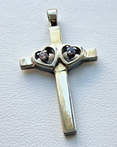 925 Sterling Silver Double Heart And Amethyst Cross Pendant - £35.86 GBP
