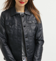 Womens Black Leather Trucker Jacket Pure Lambskin Size XS S M L XL XXL Customize - £110.06 GBP