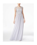 Adrianna Papell Women 4 Silver Short Sleeve Illusion Lace Jeweled Gown N... - $94.10 CAD