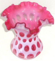 Fenton Cranberry Coin Dot Ruffled Opalescent Vase Vintage Pink White - £127.56 GBP