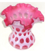 Fenton Cranberry Coin Dot Ruffled Opalescent Vase Vintage Pink White - £125.82 GBP