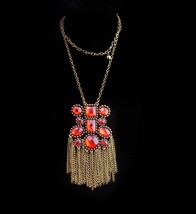 Gypsy necklace  / Dramatic fringe / amber color rhinestone / statement jewelry / - £60.13 GBP