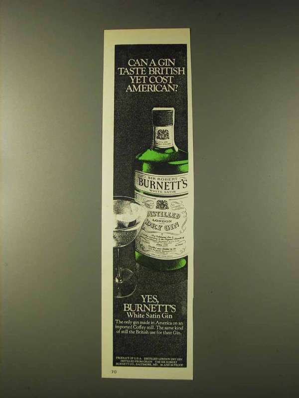 Primary image for 1976 Burnett's White Satin Gin Ad - Taste British