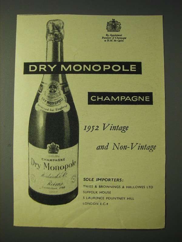 1958 Dry Monopole Champagne Ad - 1952 Vintage and Non-Vintage - £14.48 GBP