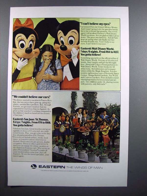 1974 Eastern Air Lines Ad - Walt Disney Mickey Minnie - £14.50 GBP