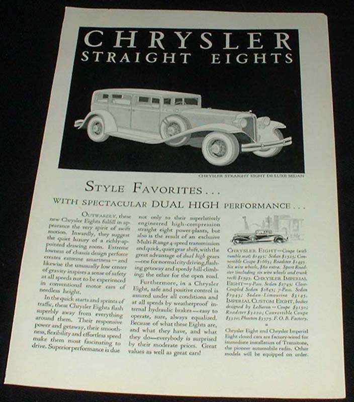Primary image for 1931 Chrysler Straight Eight Deluxe Sedan Ad!