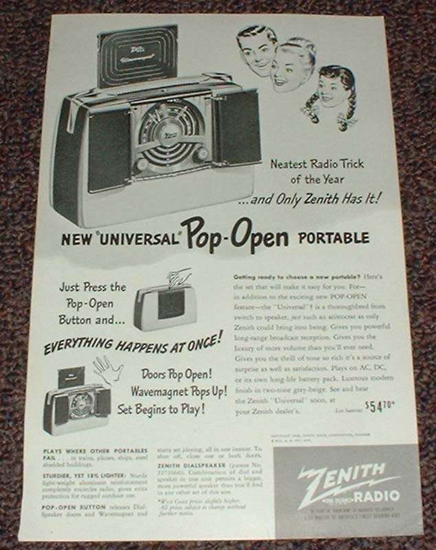 1948 Zenith Radio Ad, Universal Pop-Open Portable!! - $18.49