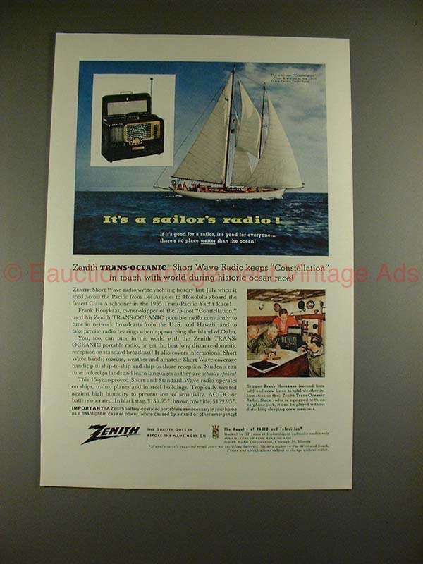Primary image for 1956 Zenith Trans Oceanic Radio Ad, Yacht Constellation
