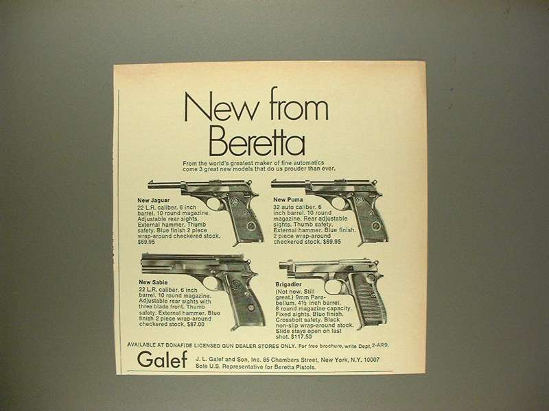 1969 Beretta Jaguar, Puma, Sable, Brigadier Pistol Ad - $18.49