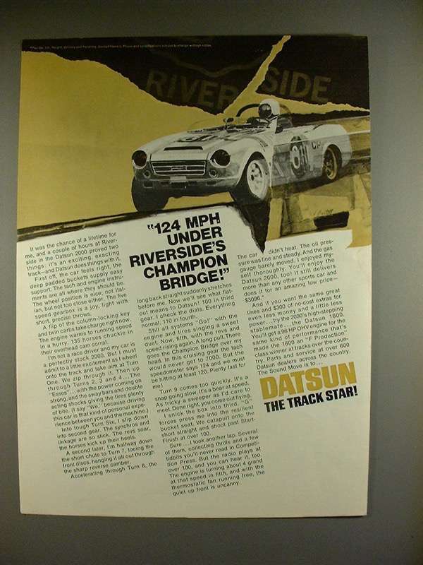 Primary image for 1969 Datsun 2000 Car Ad - Riverside's Champion Bridge