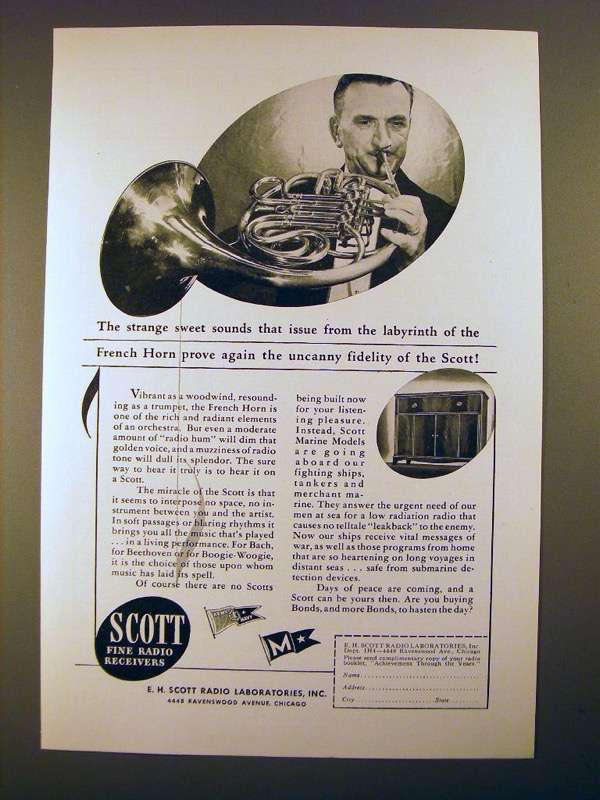 1944 Scott Radio Ad - Sweet Sounds of the French Horn - £14.77 GBP