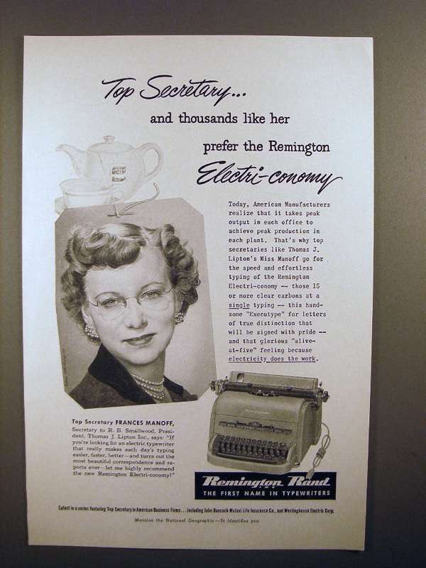1952 Remington Rand Electri-conomy Typewriter Ad - Top Secretary - $18.49