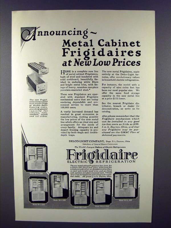 Primary image for 1926 Frigidaire Refrigerator Ad, M-12 M-17 M-5 M-9 M-15
