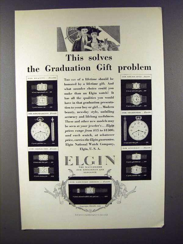 1928 Elgin Watch Ad - Solves Graduation Gift Problem - $18.49