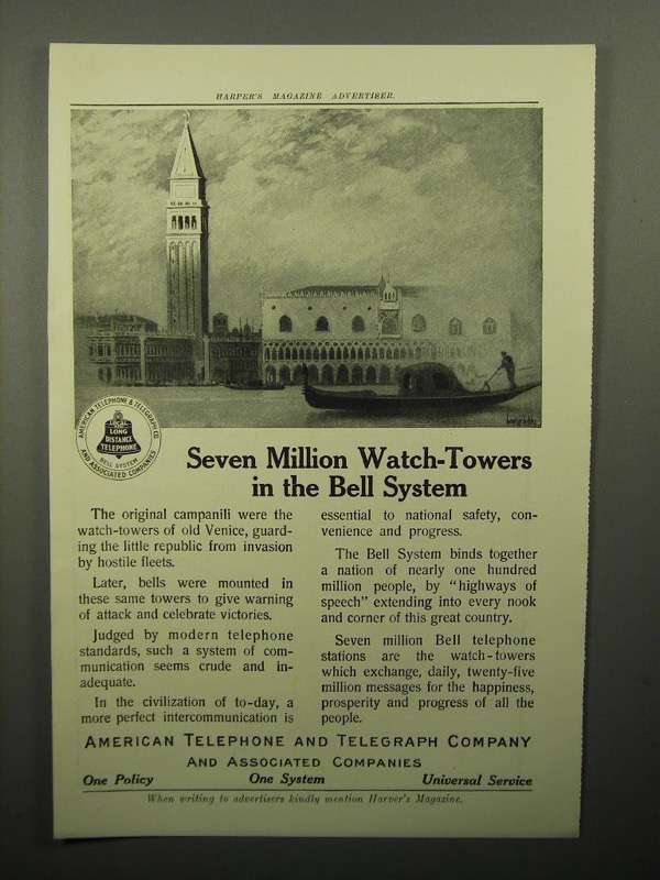 1913 AT&T Telephone Ad - Seven Million Watch-Towers - $18.49