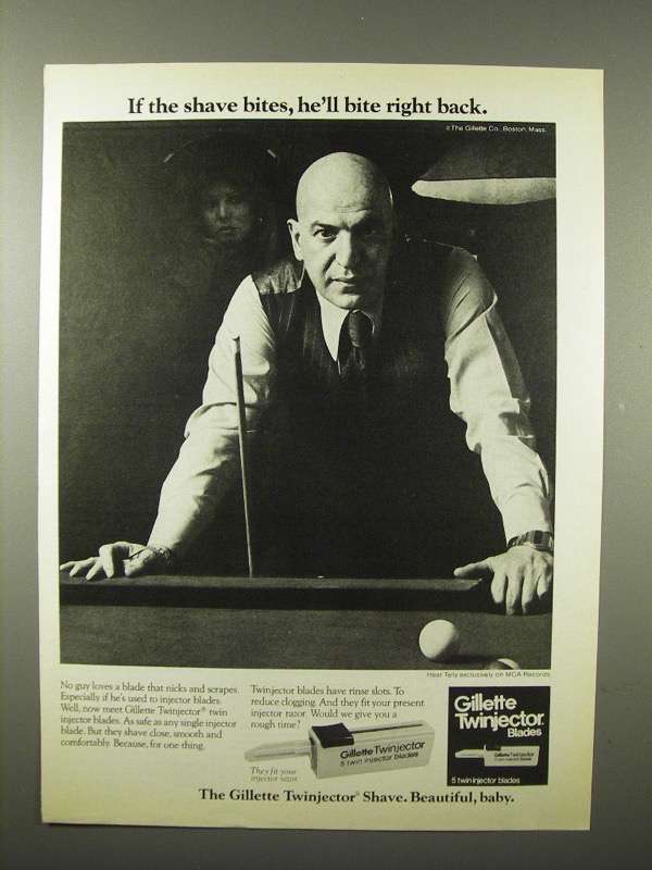 1975 Gillette Twinjector Blades Ad - Telly Savalas - Bite Back - $18.49