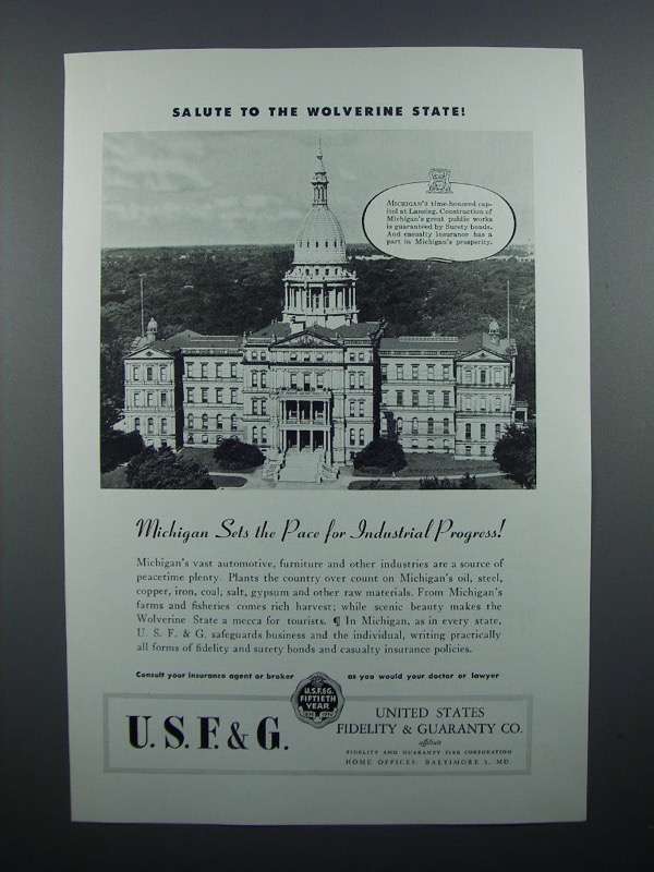 1946 USF&G Insurance Ad - Wolverine State, Michigan - $18.49