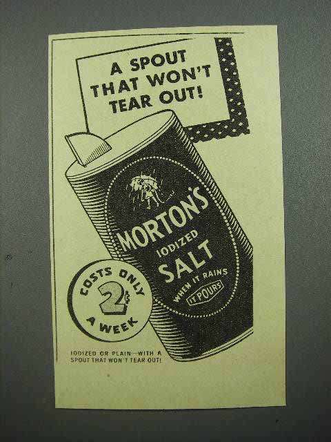 Primary image for 1936 Morton's Iodized Salt Ad - Spout Won't Tear Out