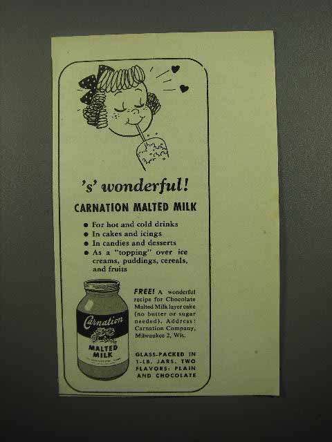 1946 Carnation Malted Milk Ad - 's' Wonderful - $18.49