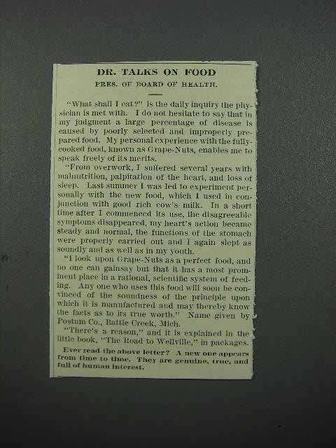 Primary image for 1913 Postum Grape-Nuts Cereal Ad - Dr. Talks on Food