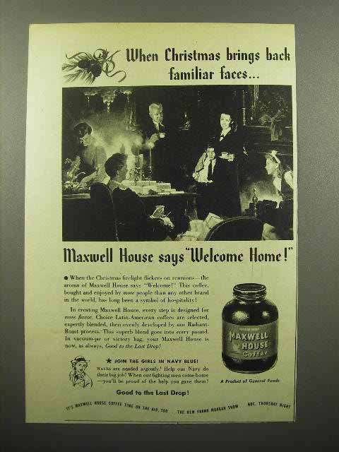Primary image for 1944 Maxwell House Coffee Ad - Brings Familiar Faces