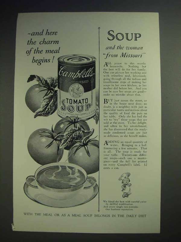 1928 Campbell's Tomato Soup Ad - Charm of Meal Begins - $18.49