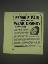 1941 Lydia E. Pinkham&#39;s Compound Ad - Female Pain - £14.62 GBP