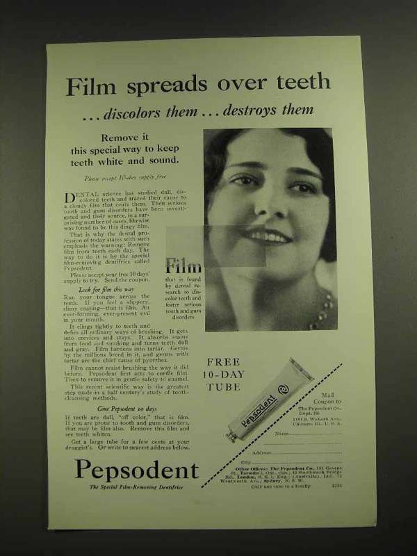 1929 Pepsodent Toothpaste Ad - Film Spreads Over Teeth - $18.49
