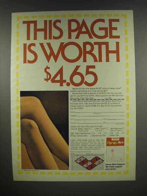 1984 Hanes Alive Support Pantyhose Ad - Page and 50 similar items