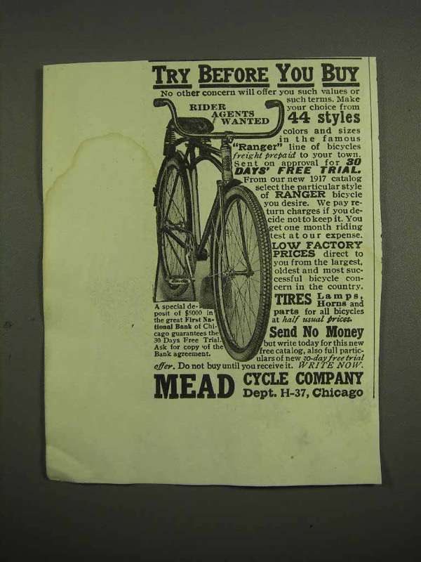 1917 Mead Ranger Bicycle Ad - Try before You Buy - $18.49