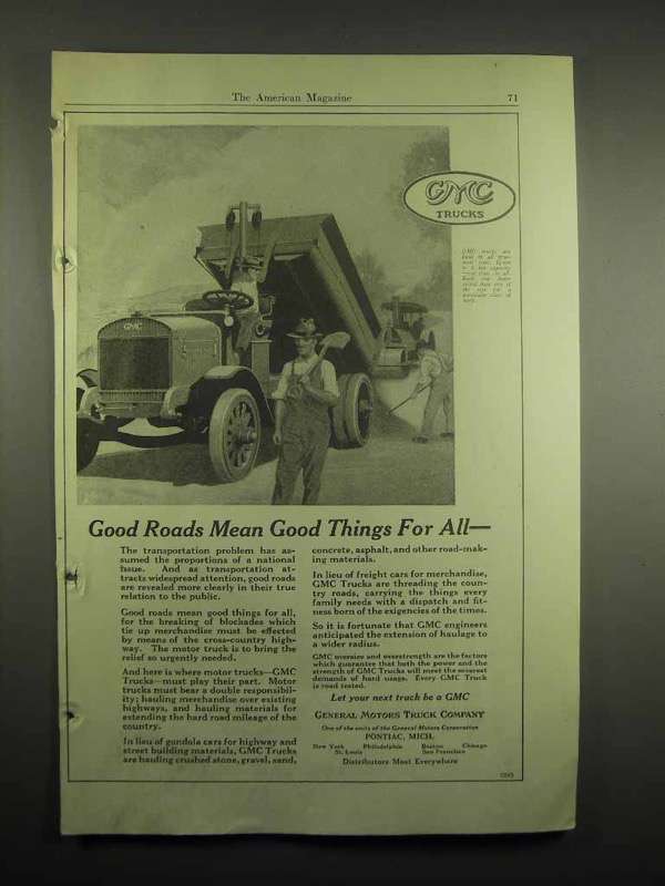 1918 GMC Truck Ad - Good Roads Mean Good Things - $18.49