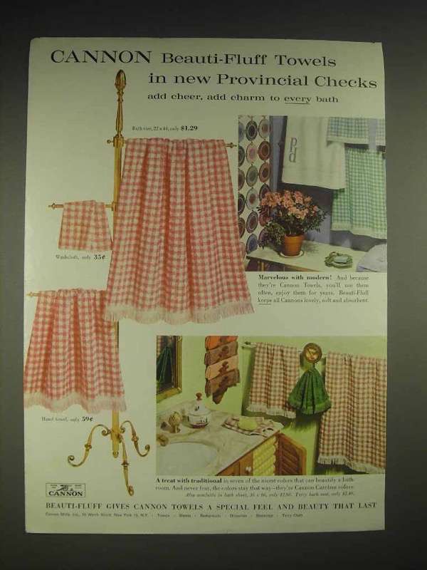 1959 Cannon Beauti-Fluff Towels in Provincial Checks Ad - £14.78 GBP